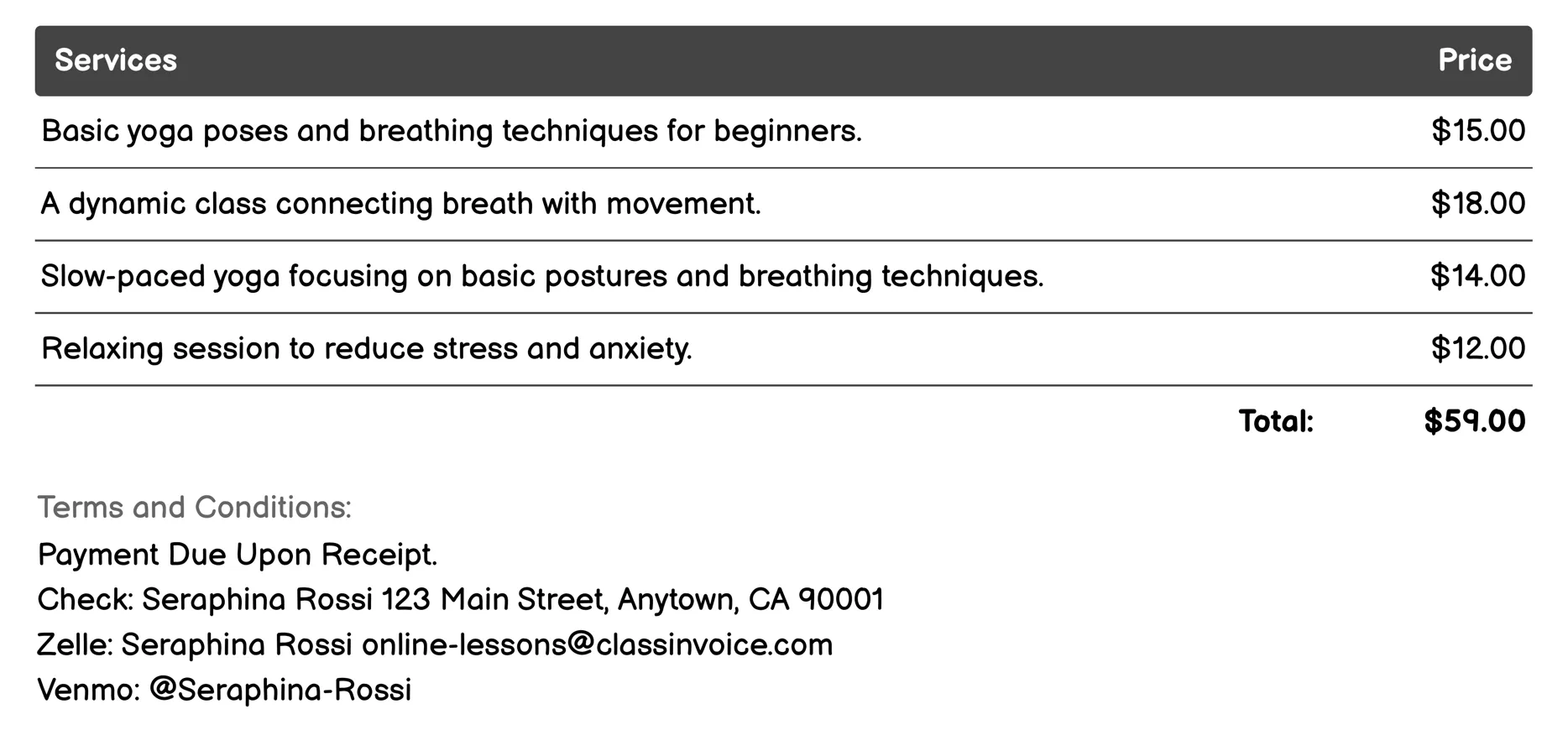 Yoga Classes Invoice Example