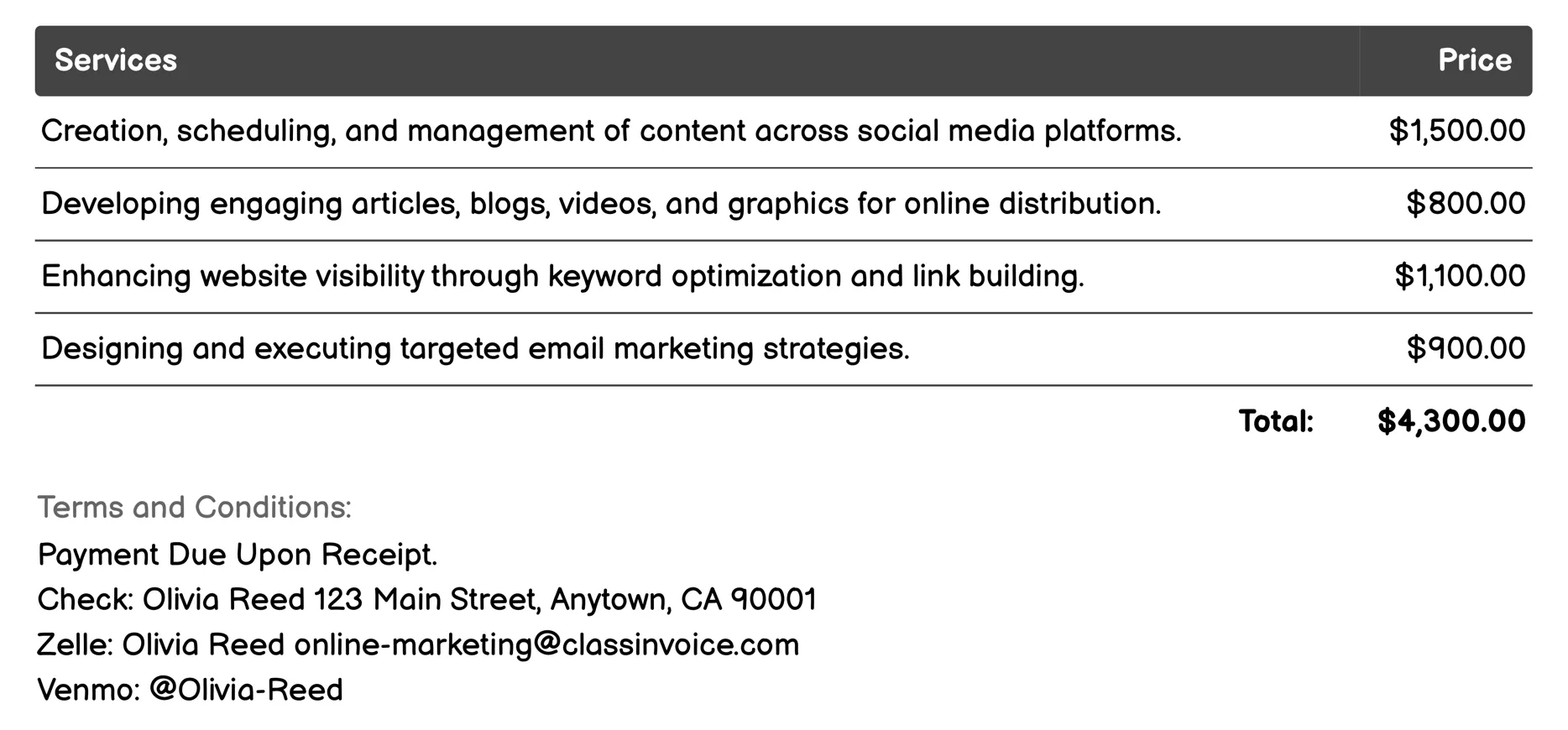 Online Public Relations (PR) Invoice Example