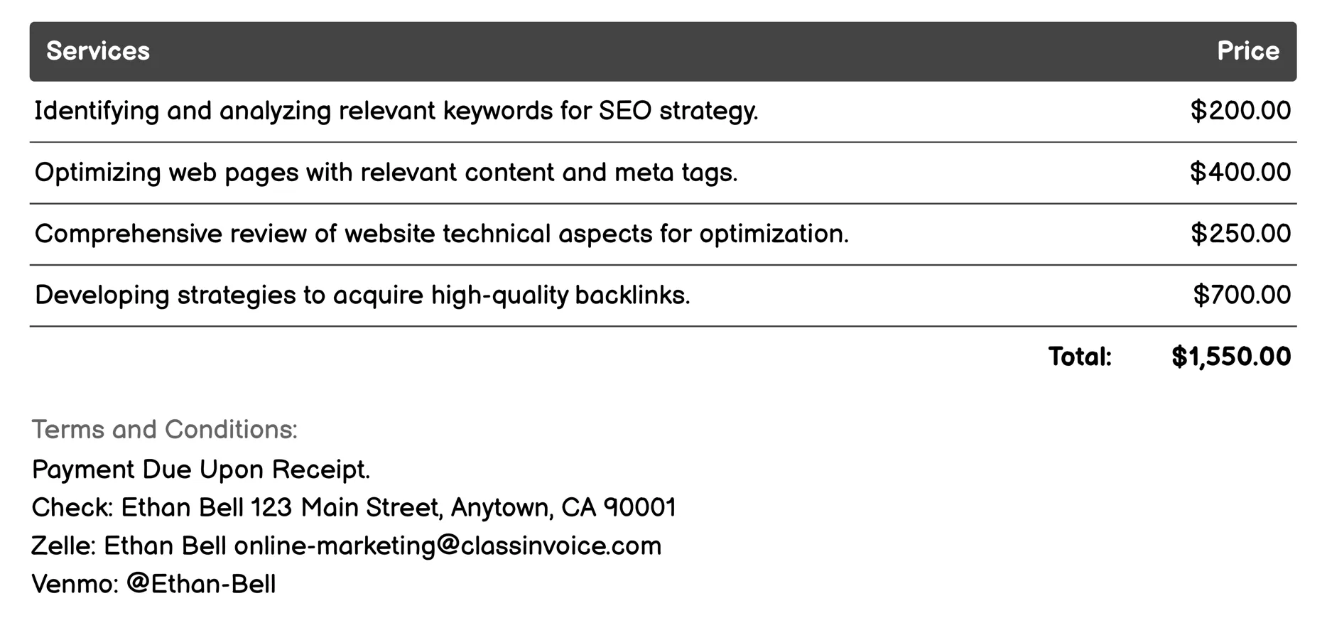 Search Engine Optimization (SEO) Invoice Example