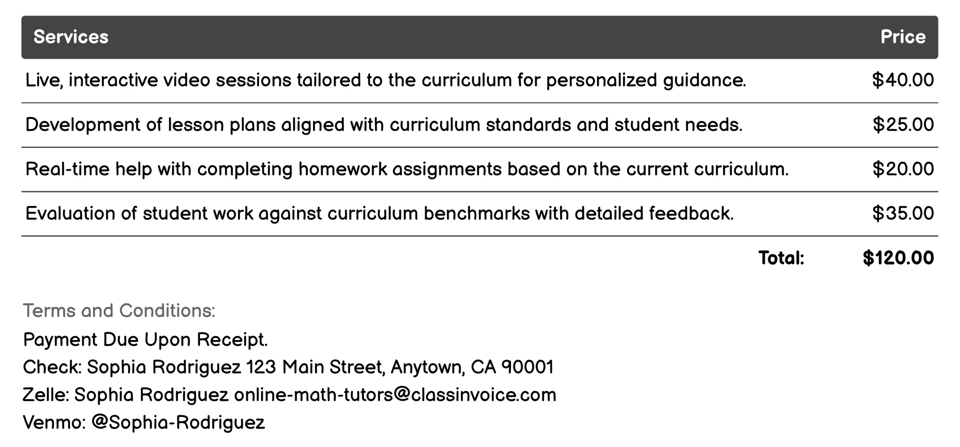 Curriculum Support Invoice Example
