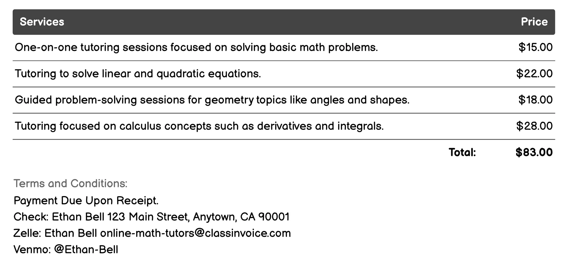 Math Problem Solving Invoice Example
