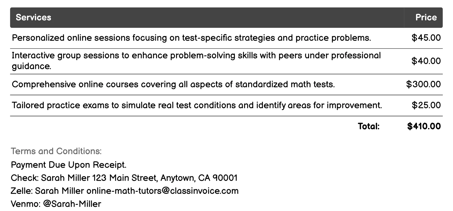 Preparation for Standardized Tests Invoice Example