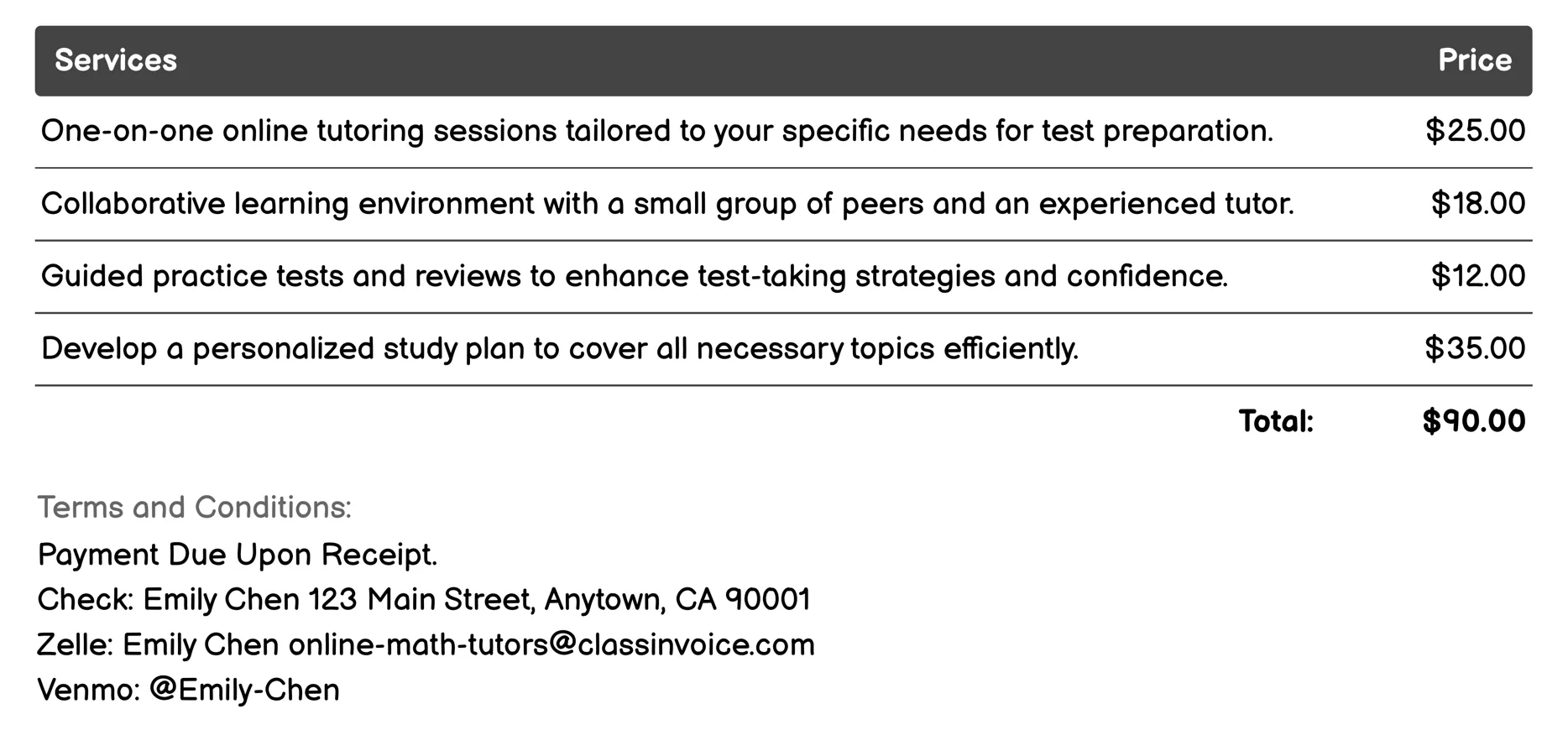 Test Preparation Invoice Example