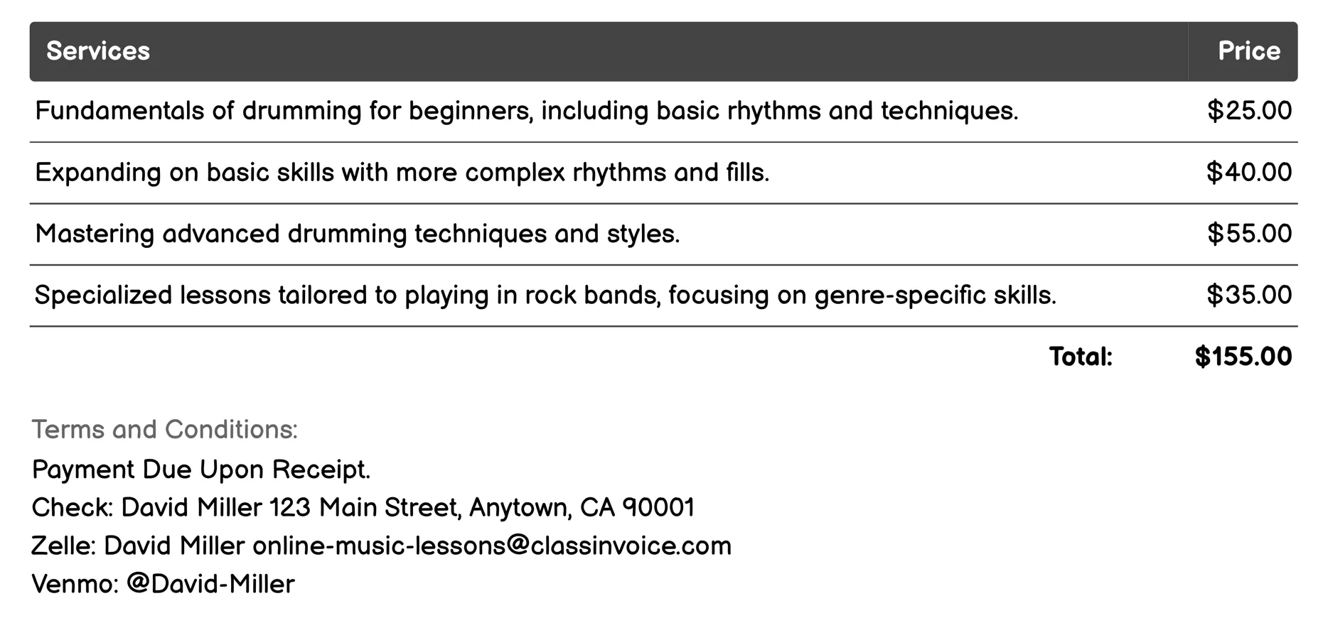 Drum Lessons Invoice Example