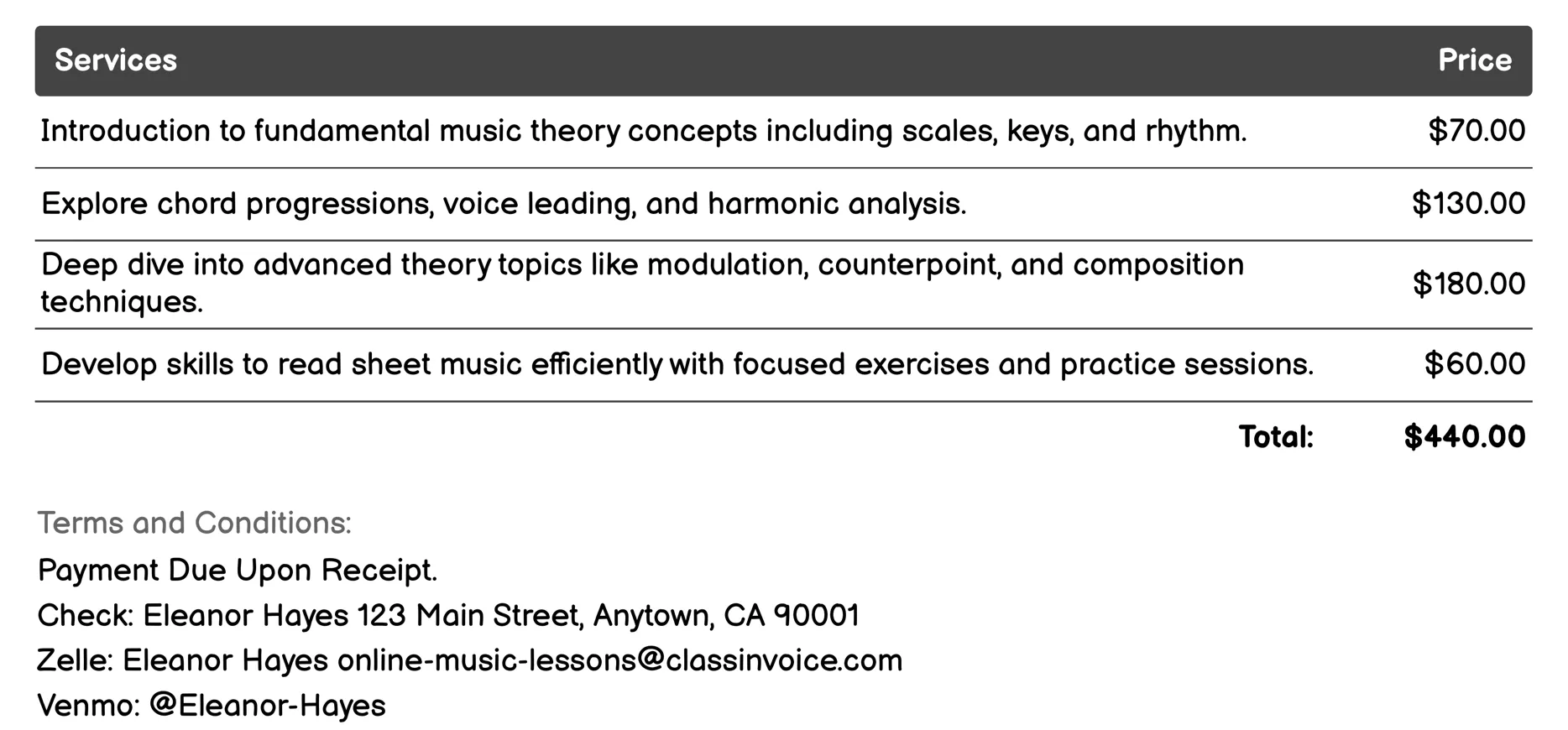 Music Theory Classes Invoice Example