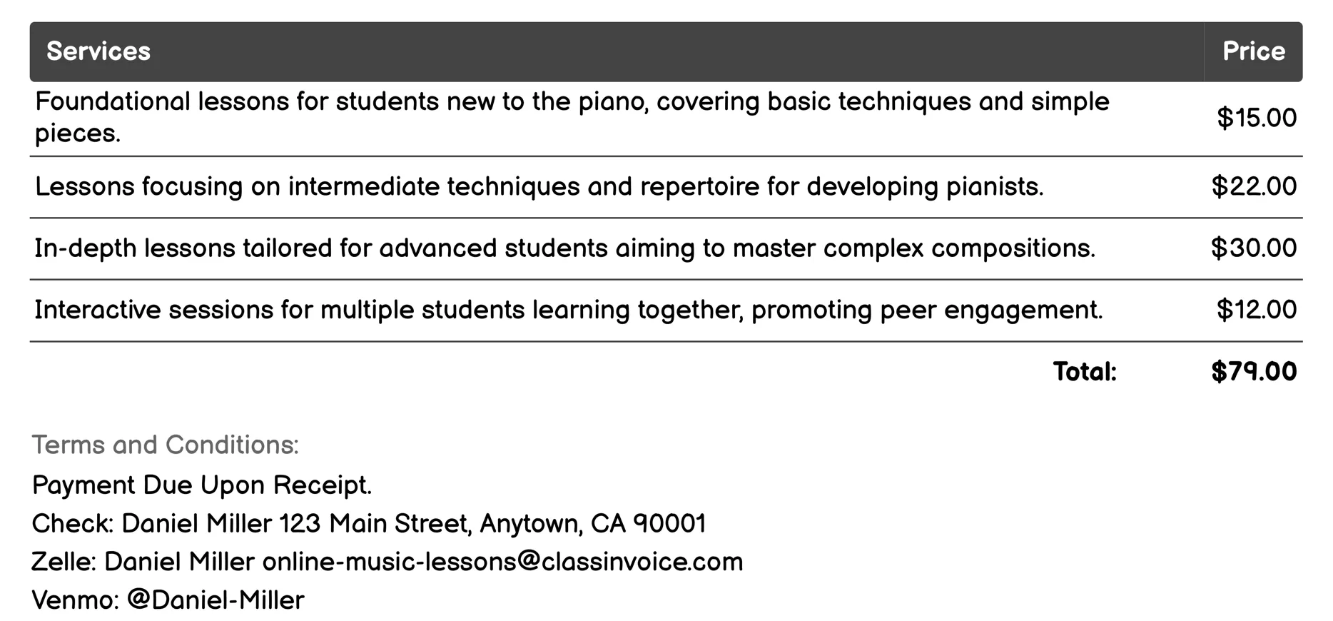 Piano Lessons Invoice Example
