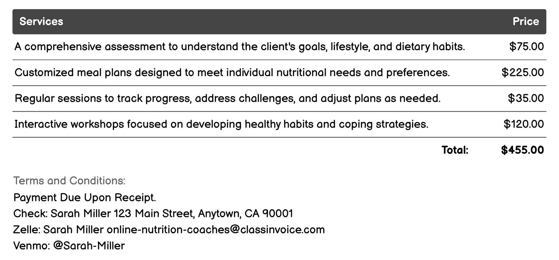 Behavioral Change Coaching Invoice Example
