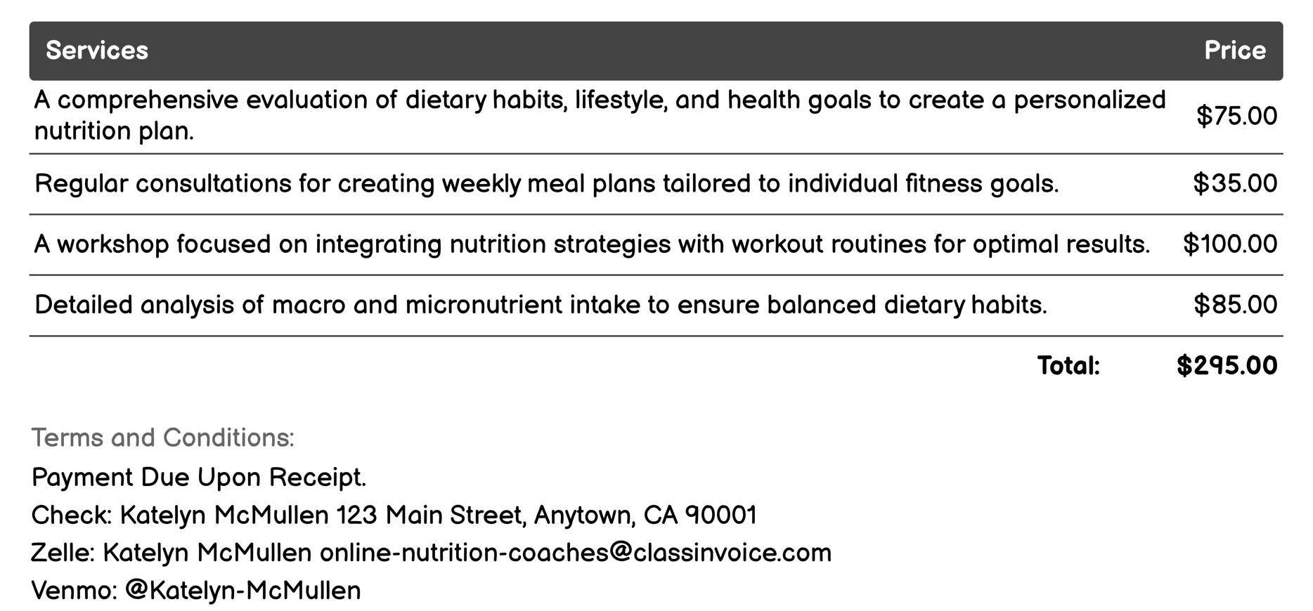 Fitness & Nutrition Integration Invoice Example