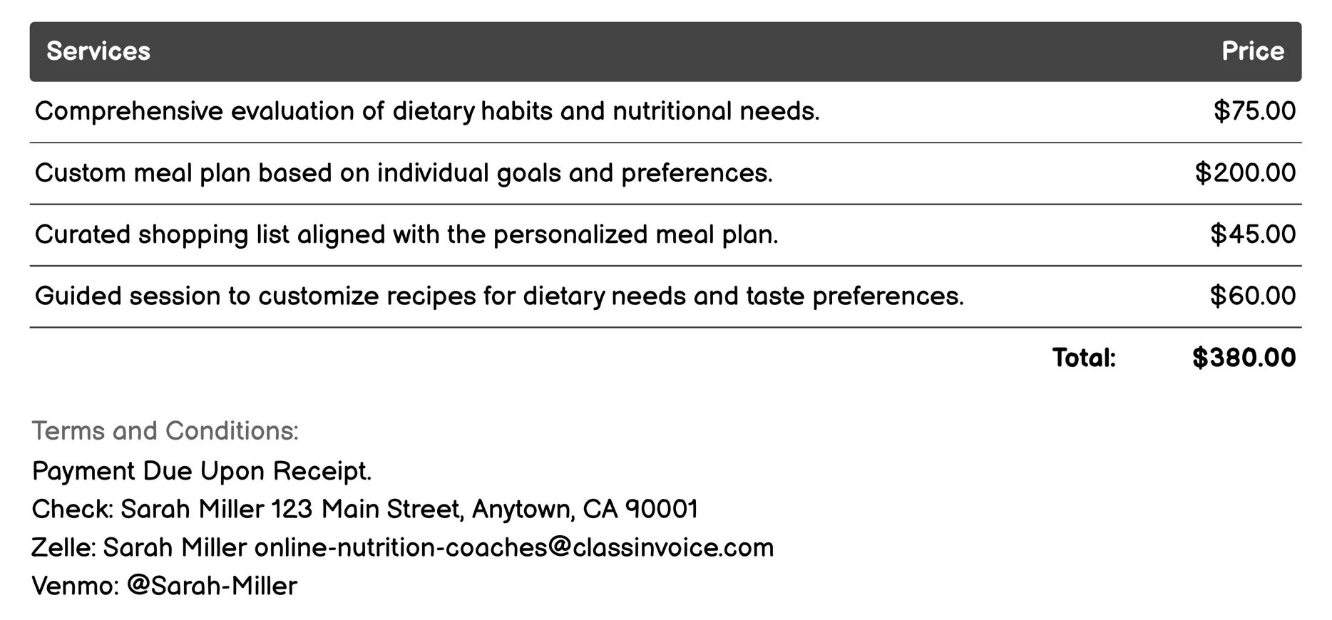 Meal Prep Coaching Invoice Example