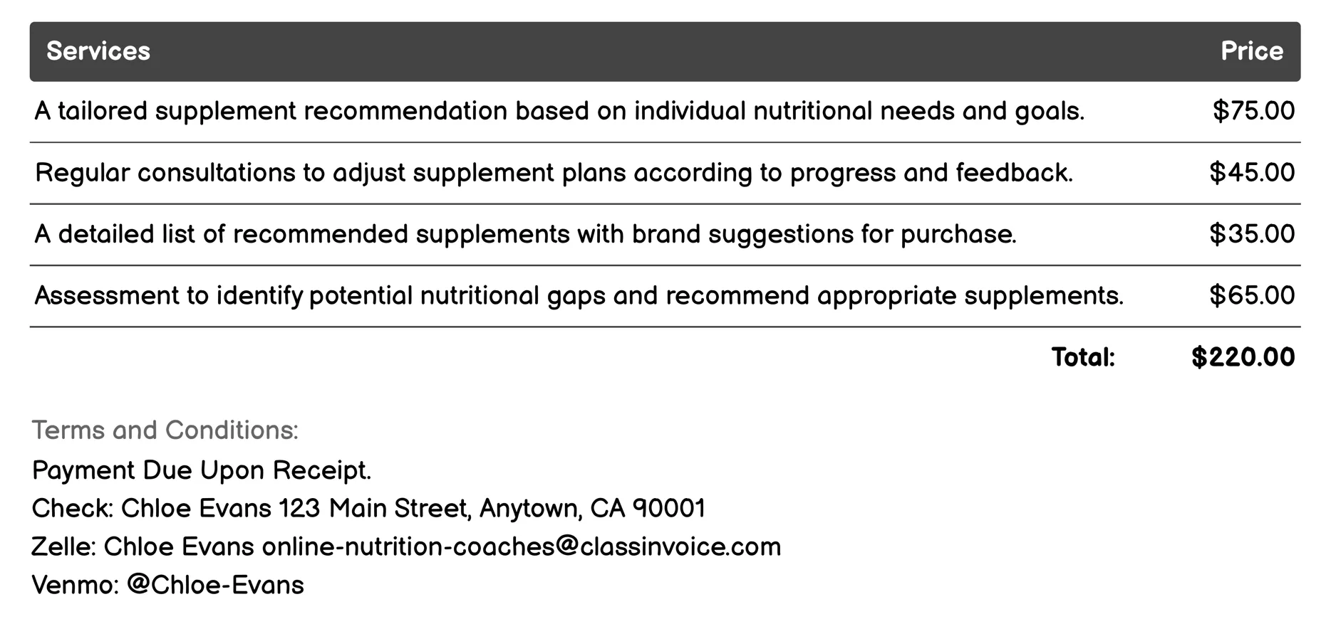 Supplement Recommendations Invoice Example
