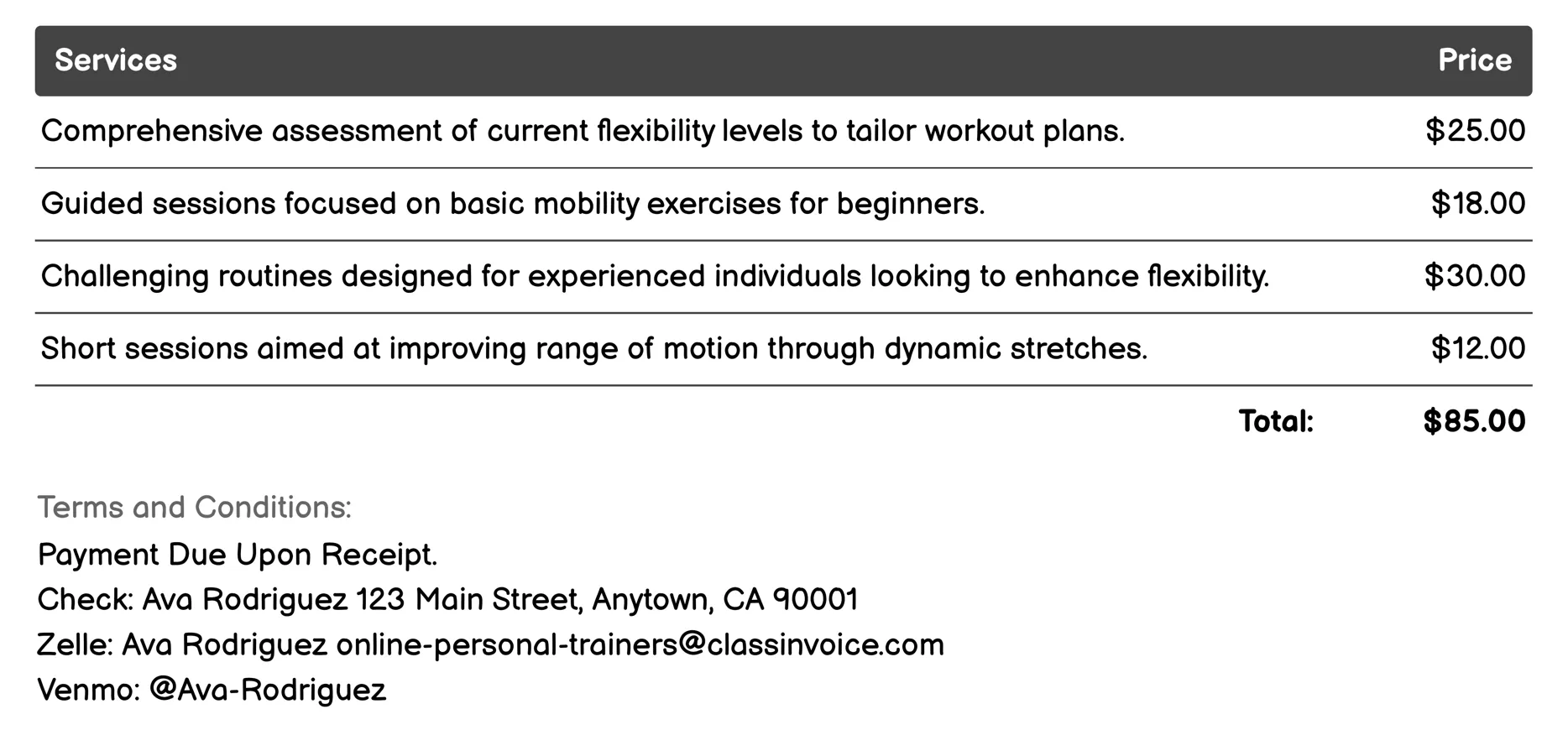 Flexibility and Mobility Workouts Invoice Example