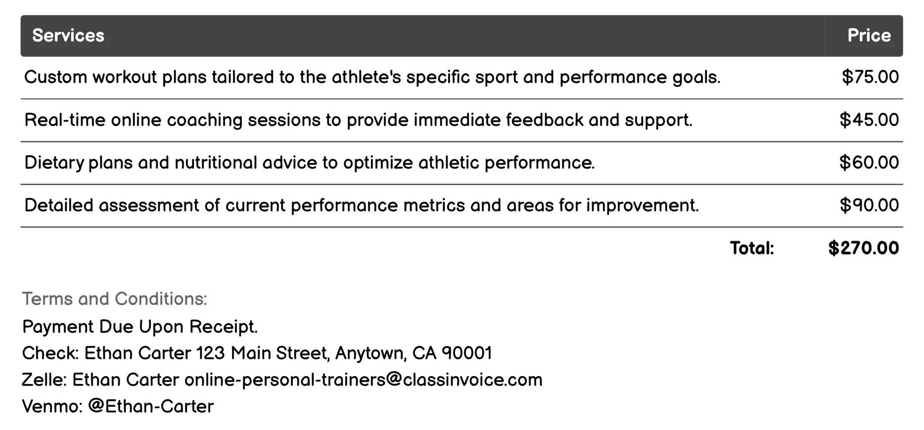 Performance Training for Athletes Invoice Example