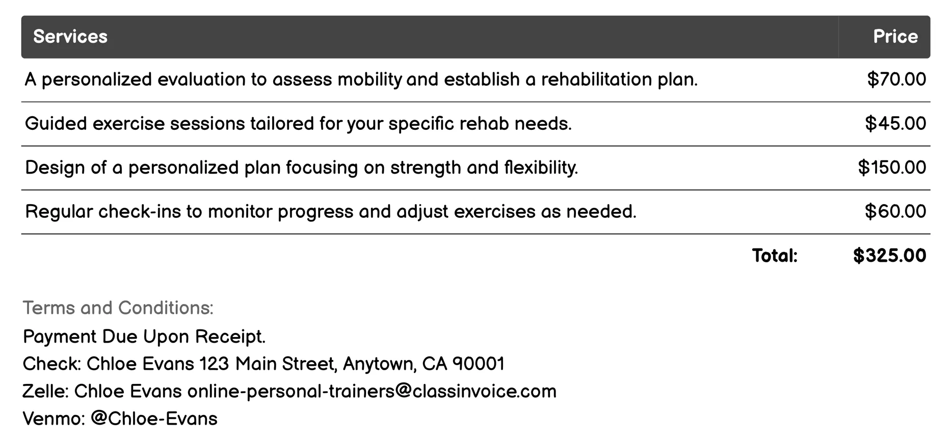 Rehabilitation Exercises Invoice Example