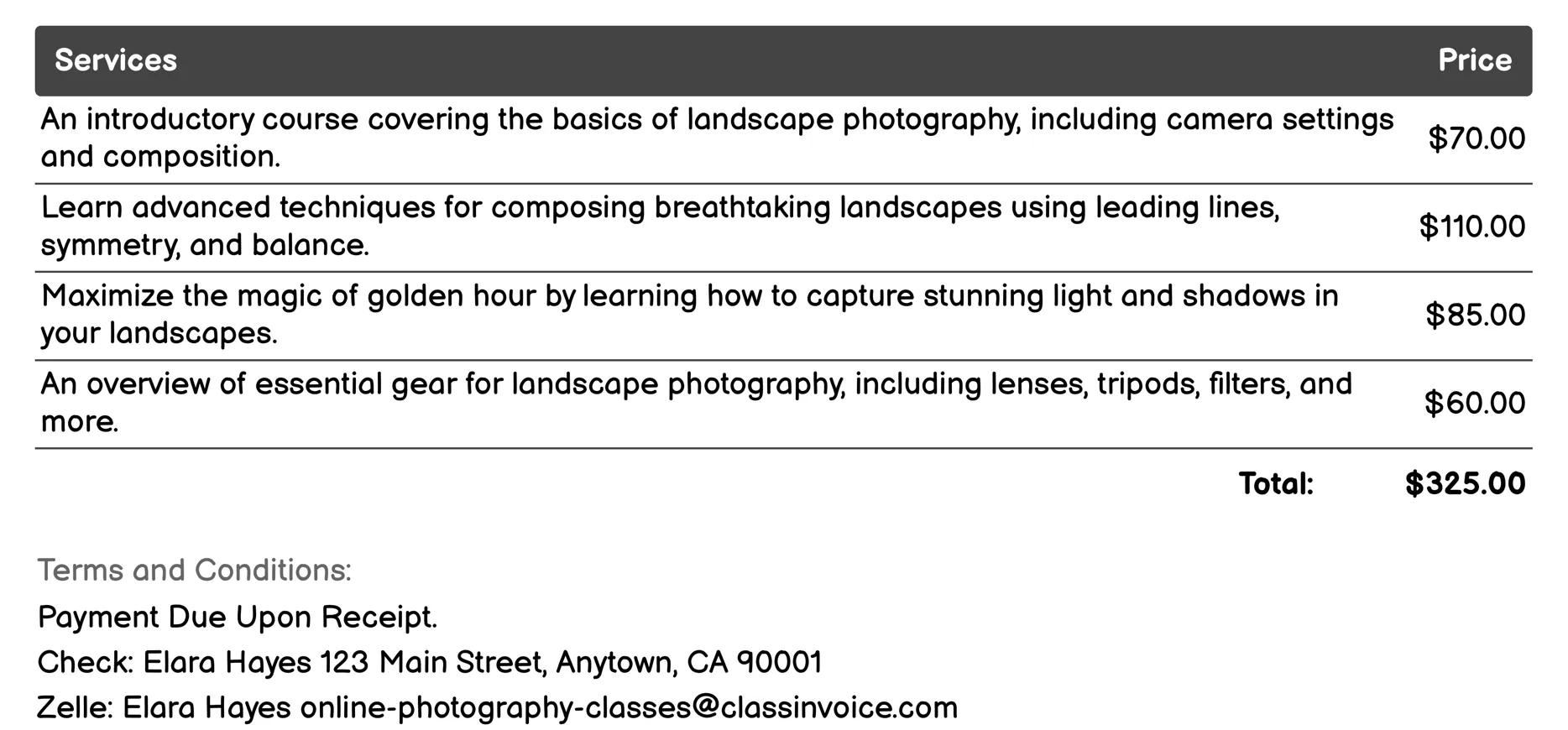 Landscape Photography Invoice Example
