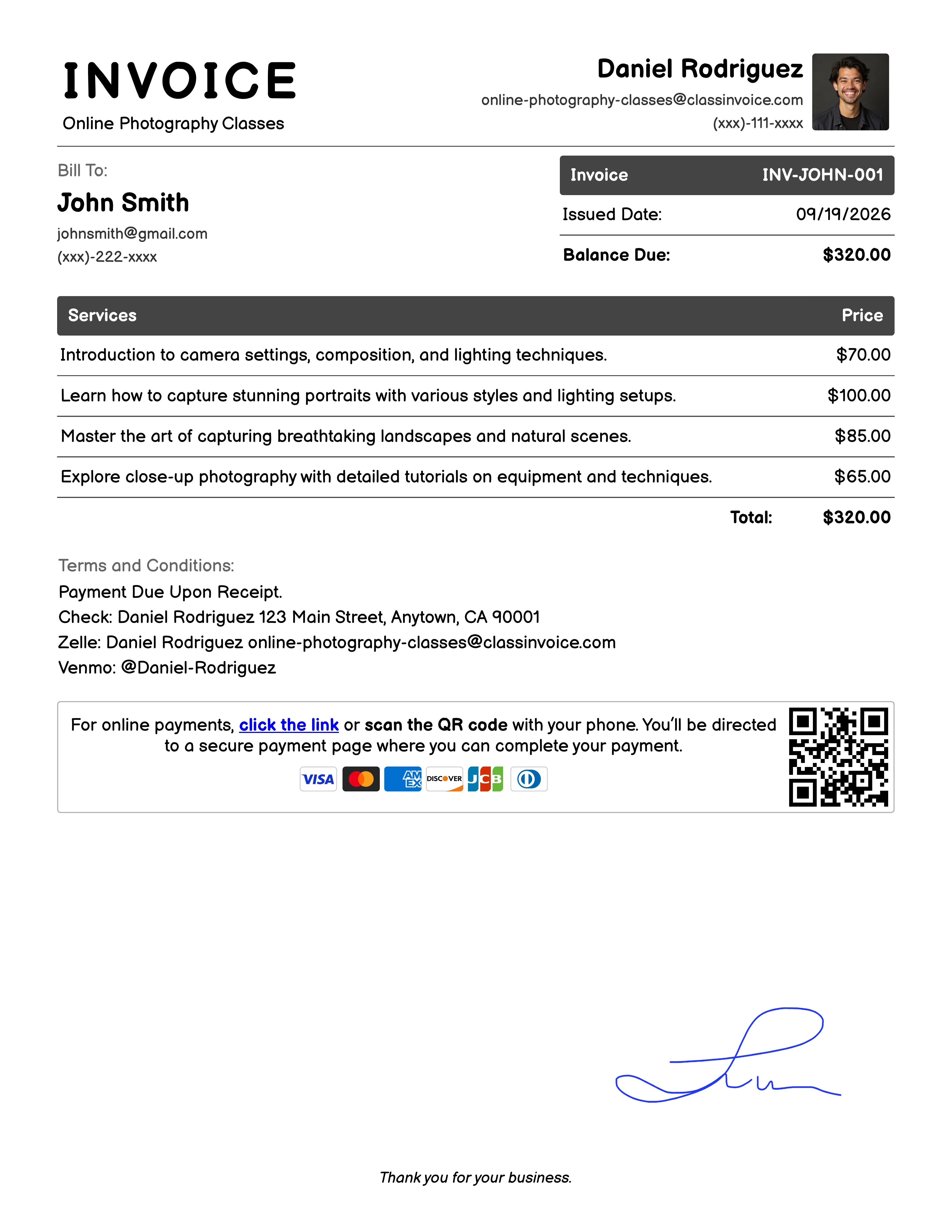 Online Photography Classes Invoice Example