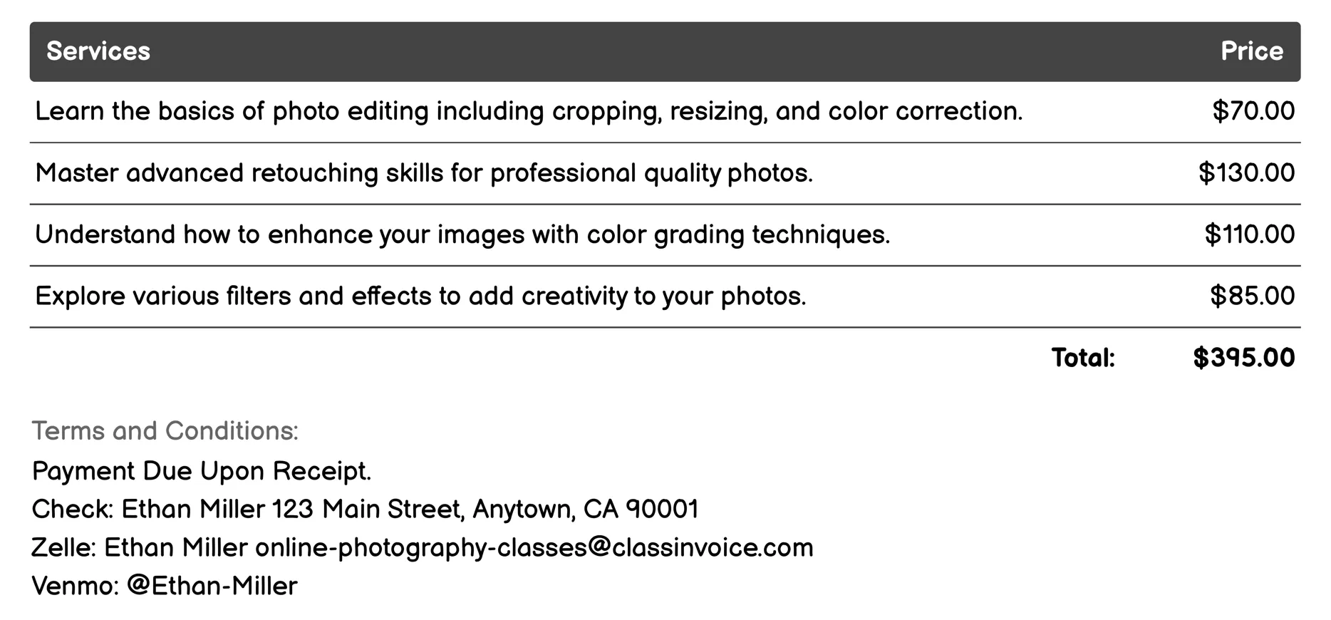 Photo Editing & Post-Production Invoice Example