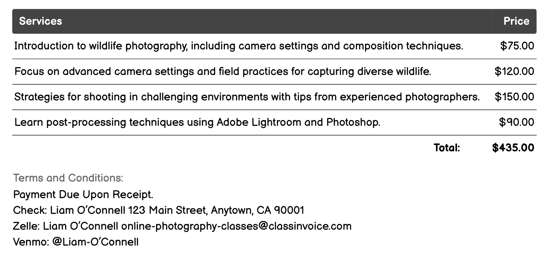 Wildlife Photography Invoice Example