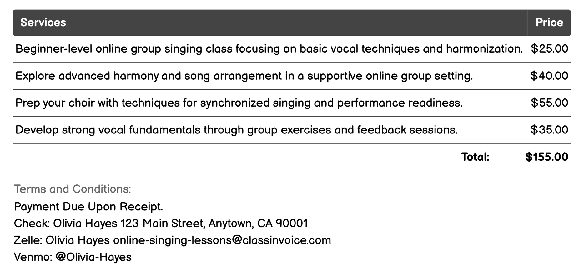 Group Classes Invoice Example