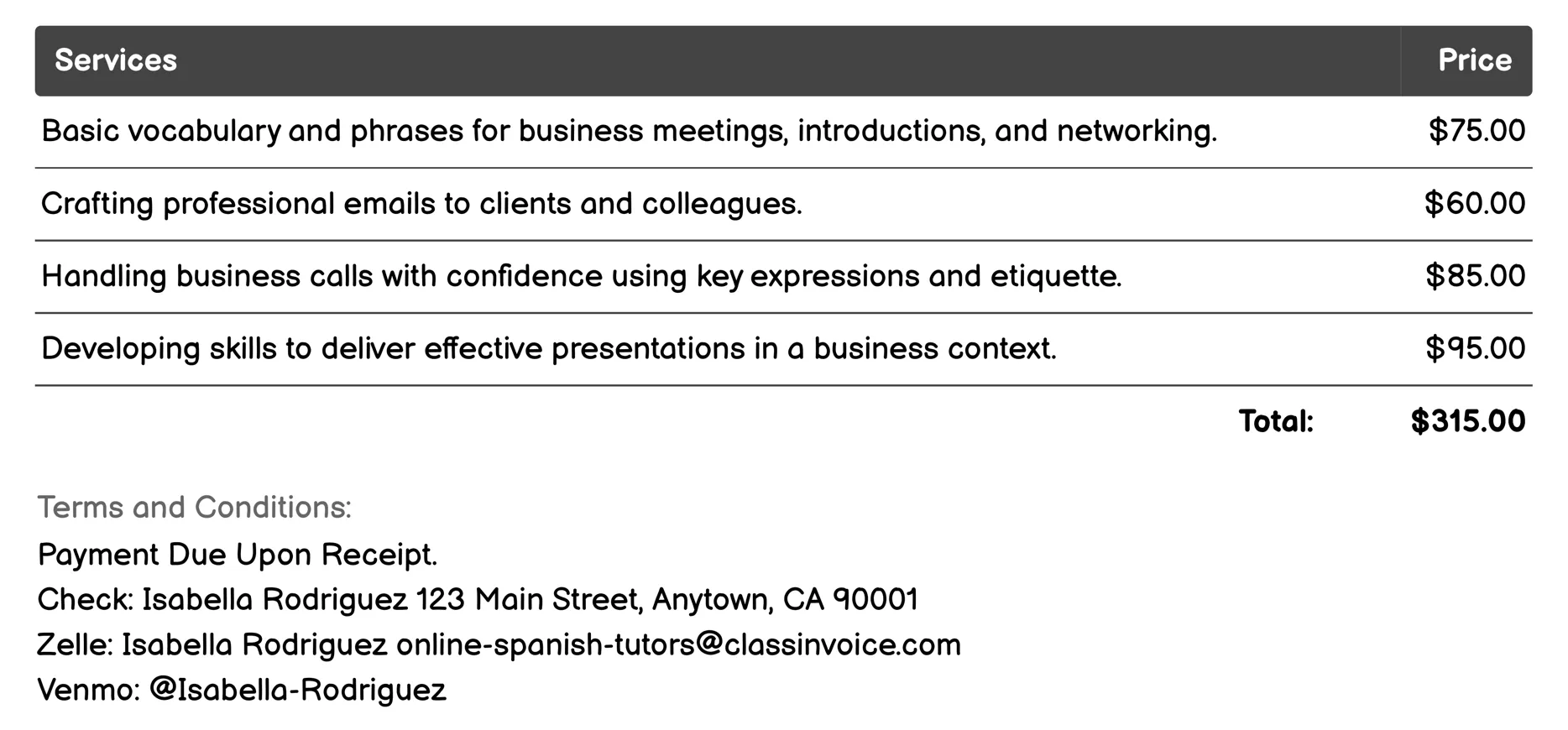 Business Spanish Invoice Example