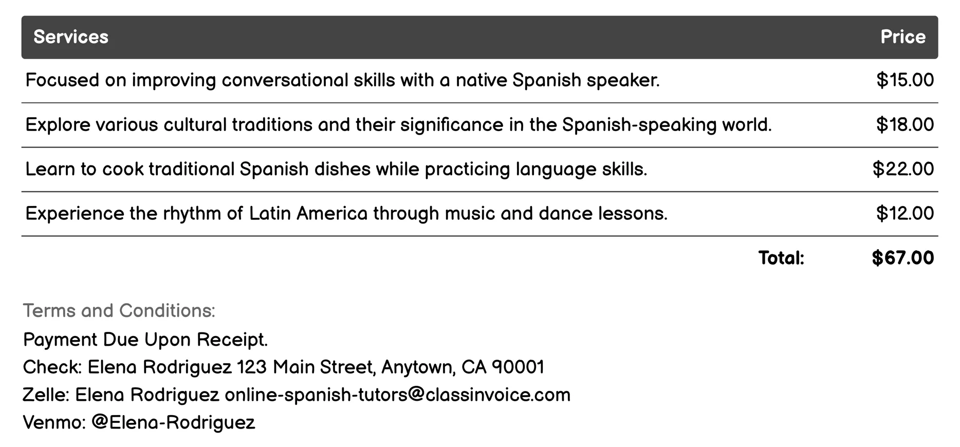 Cultural Immersion Lessons Invoice Example