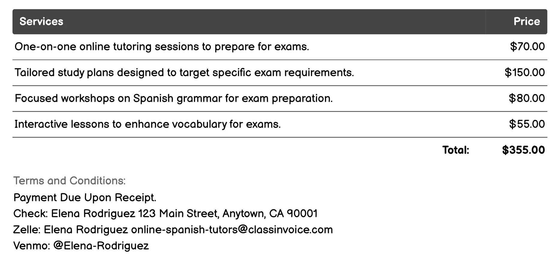 Exam Preparation Invoice Example