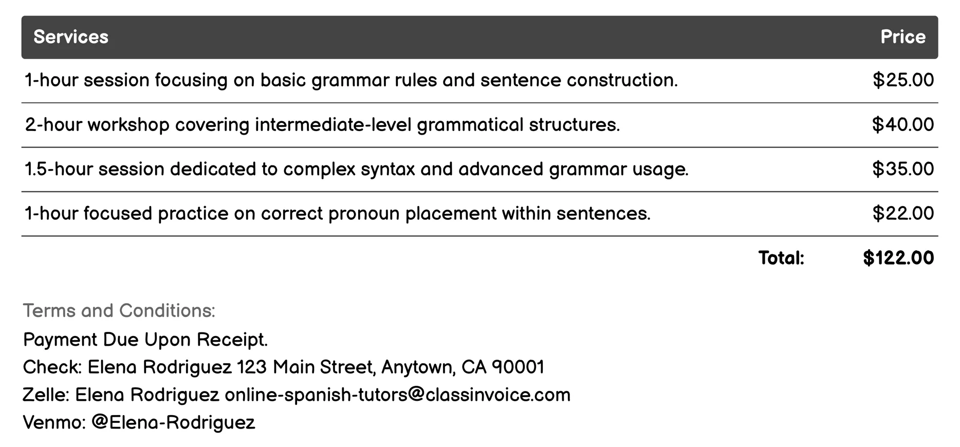 Grammar and Syntax Tutoring Invoice Example