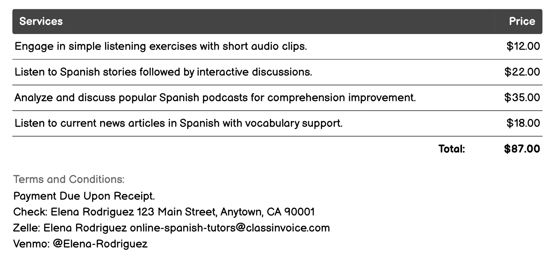 Listening Skills Development Invoice Example