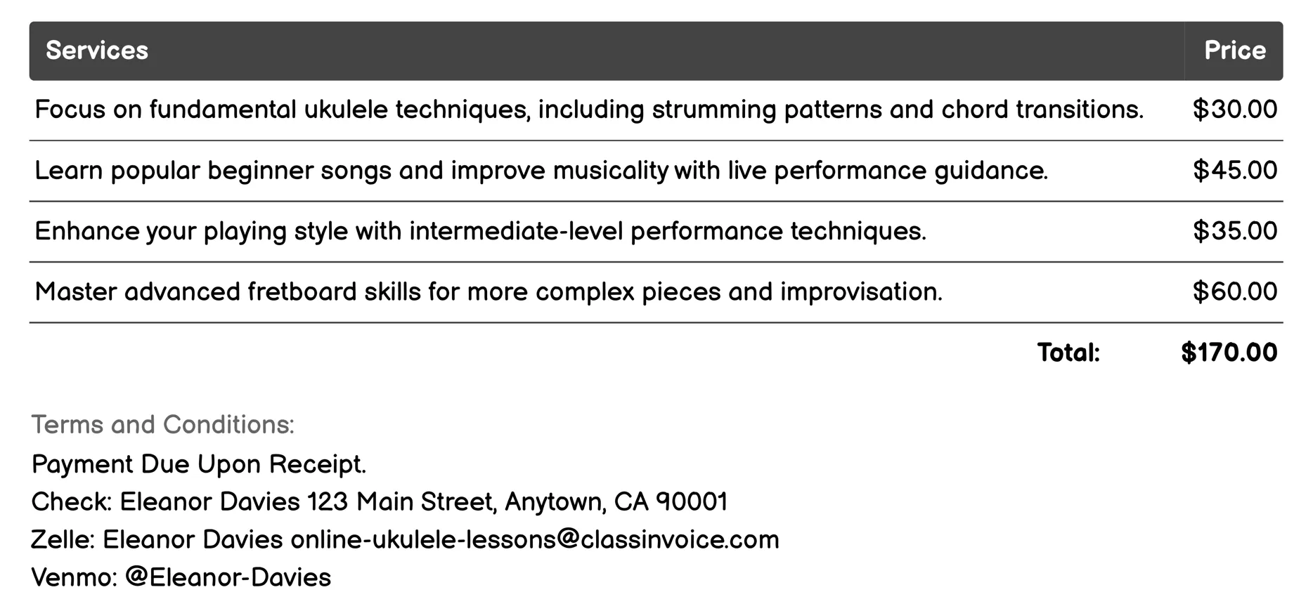 Live Performance Coaching Invoice Example