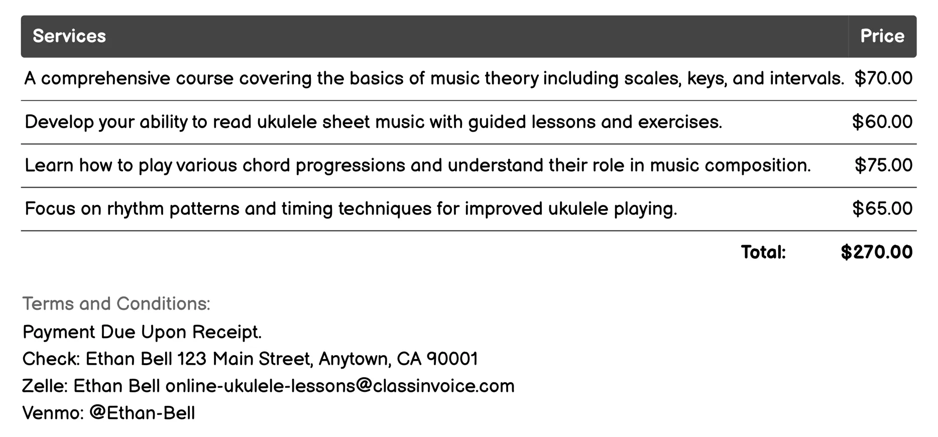 Music Theory Invoice Example
