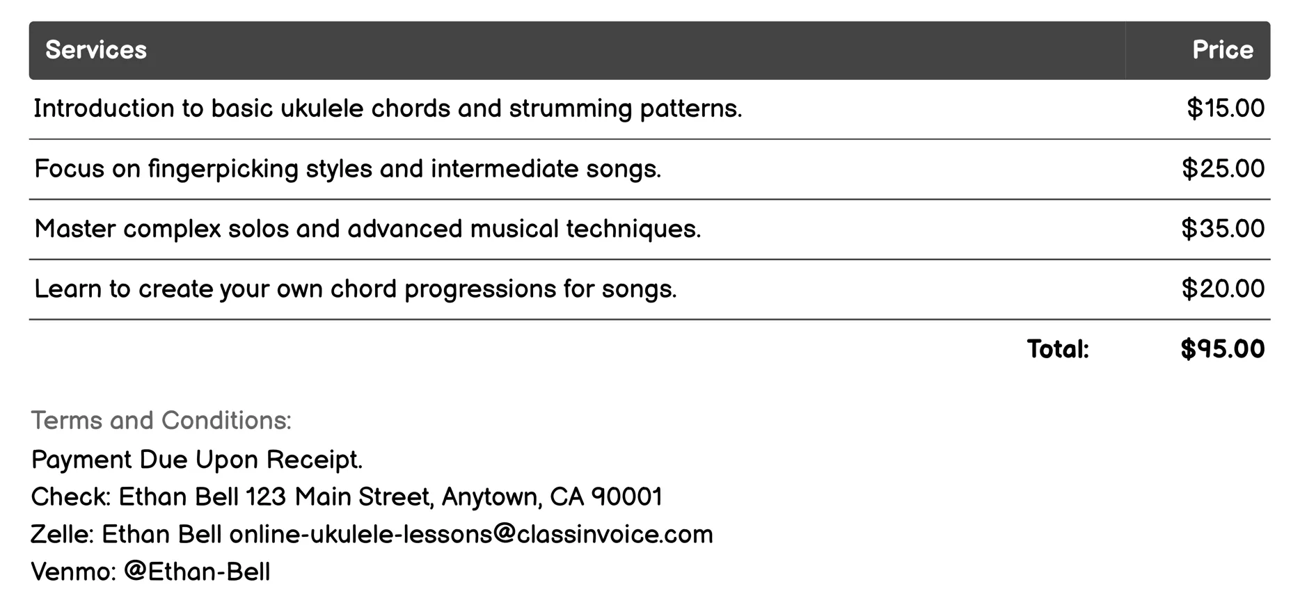Virtual Jam Sessions Invoice Example