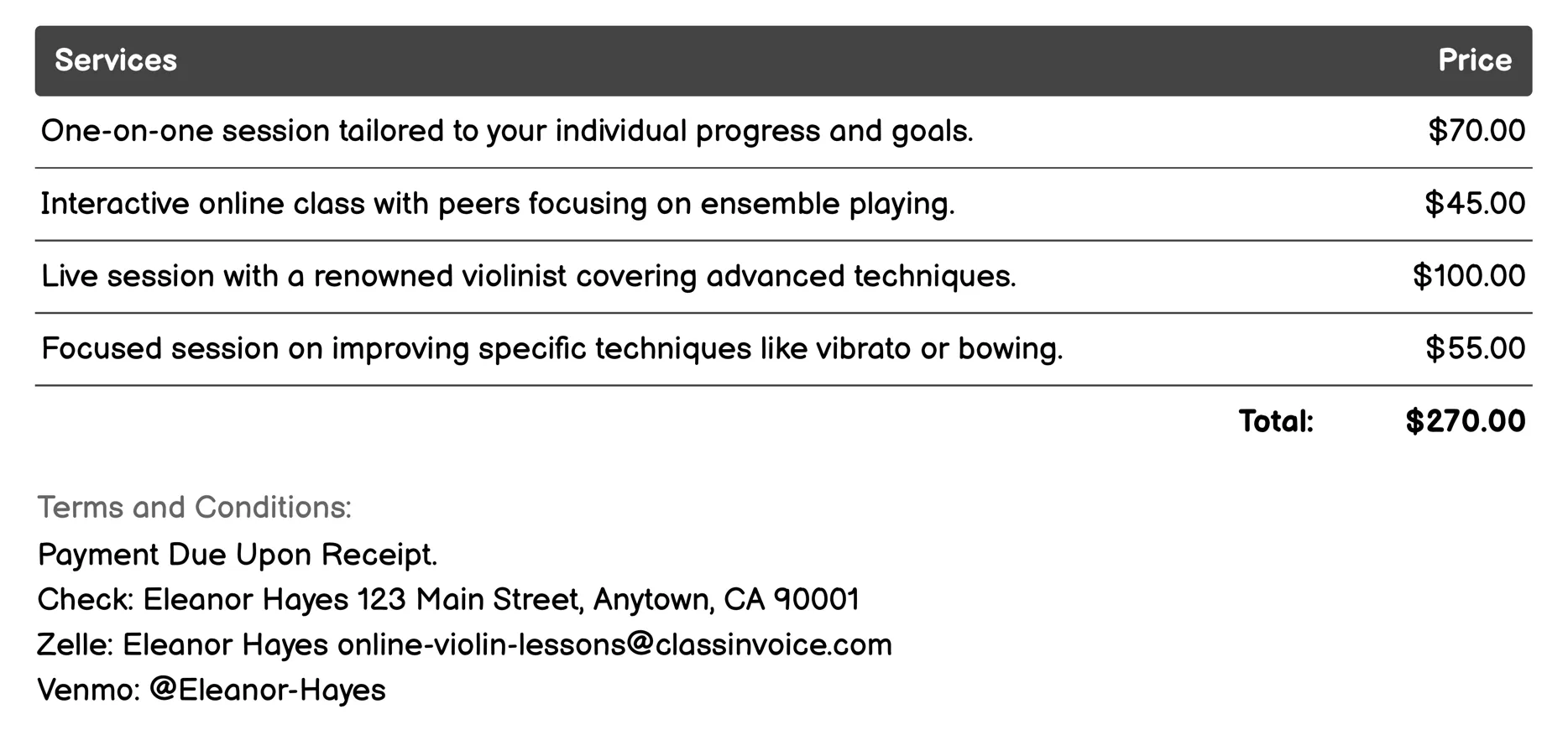 Intermediate/Advanced Classes Invoice Example