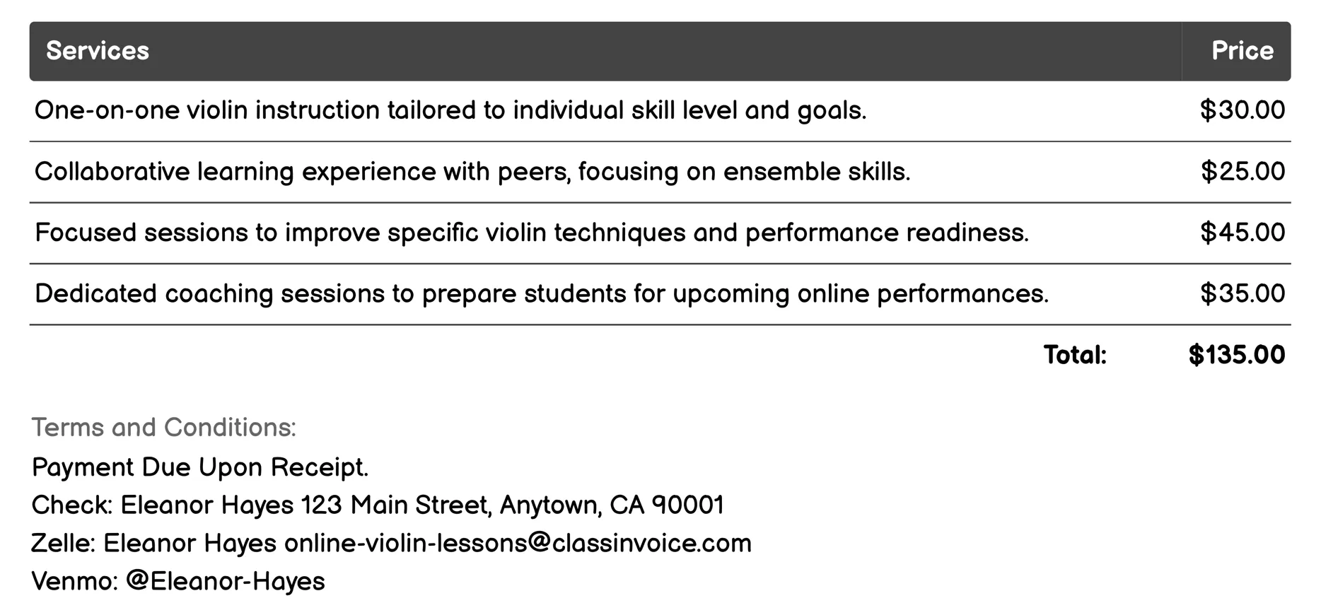 Online Recitals/Concerts Invoice Example