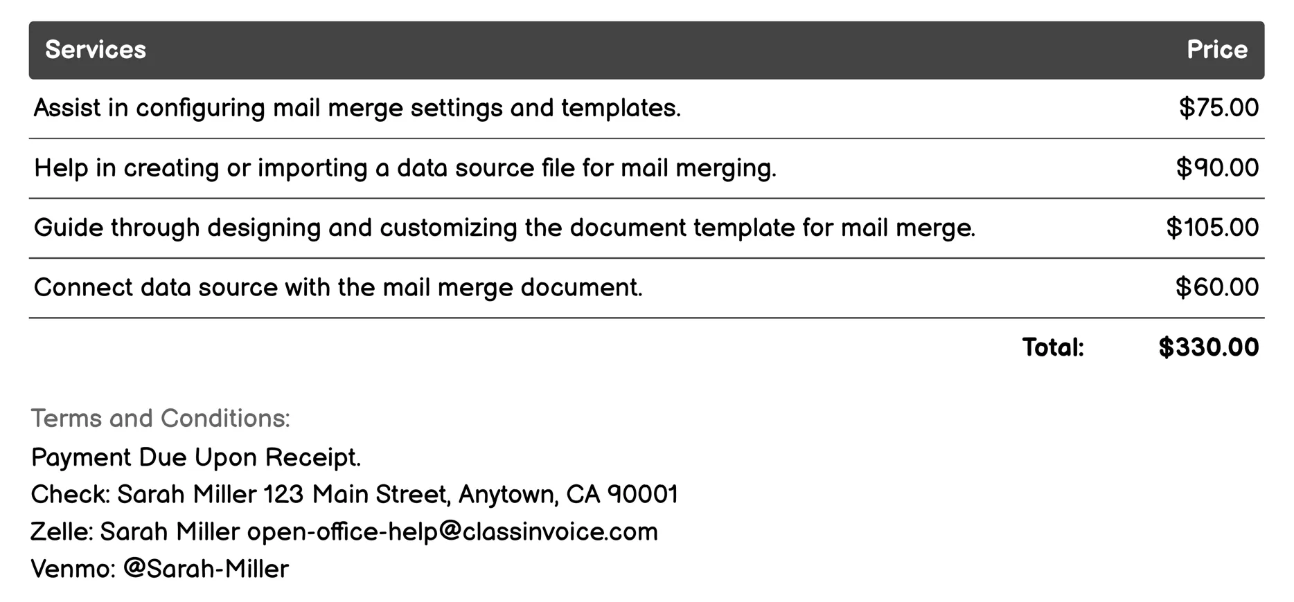 Mail Merge Invoice Example