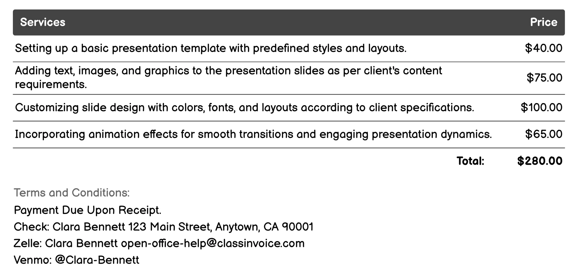 Presentation Creation Invoice Example