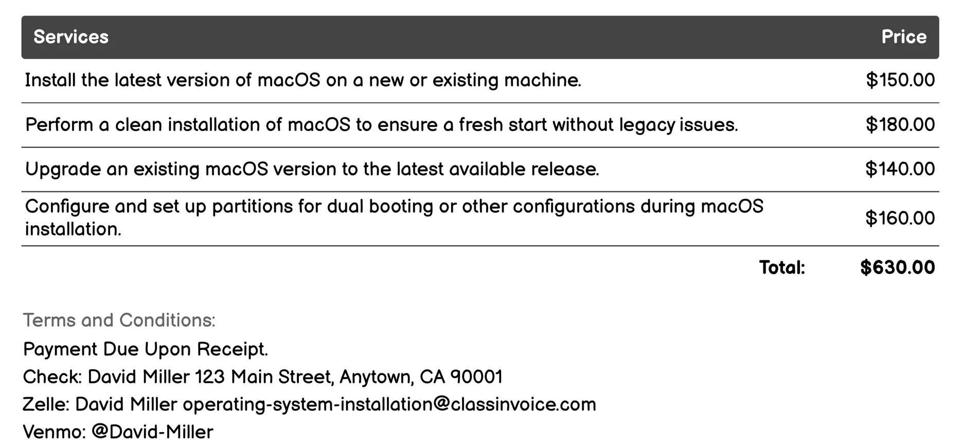 macOS Installation Invoice Example