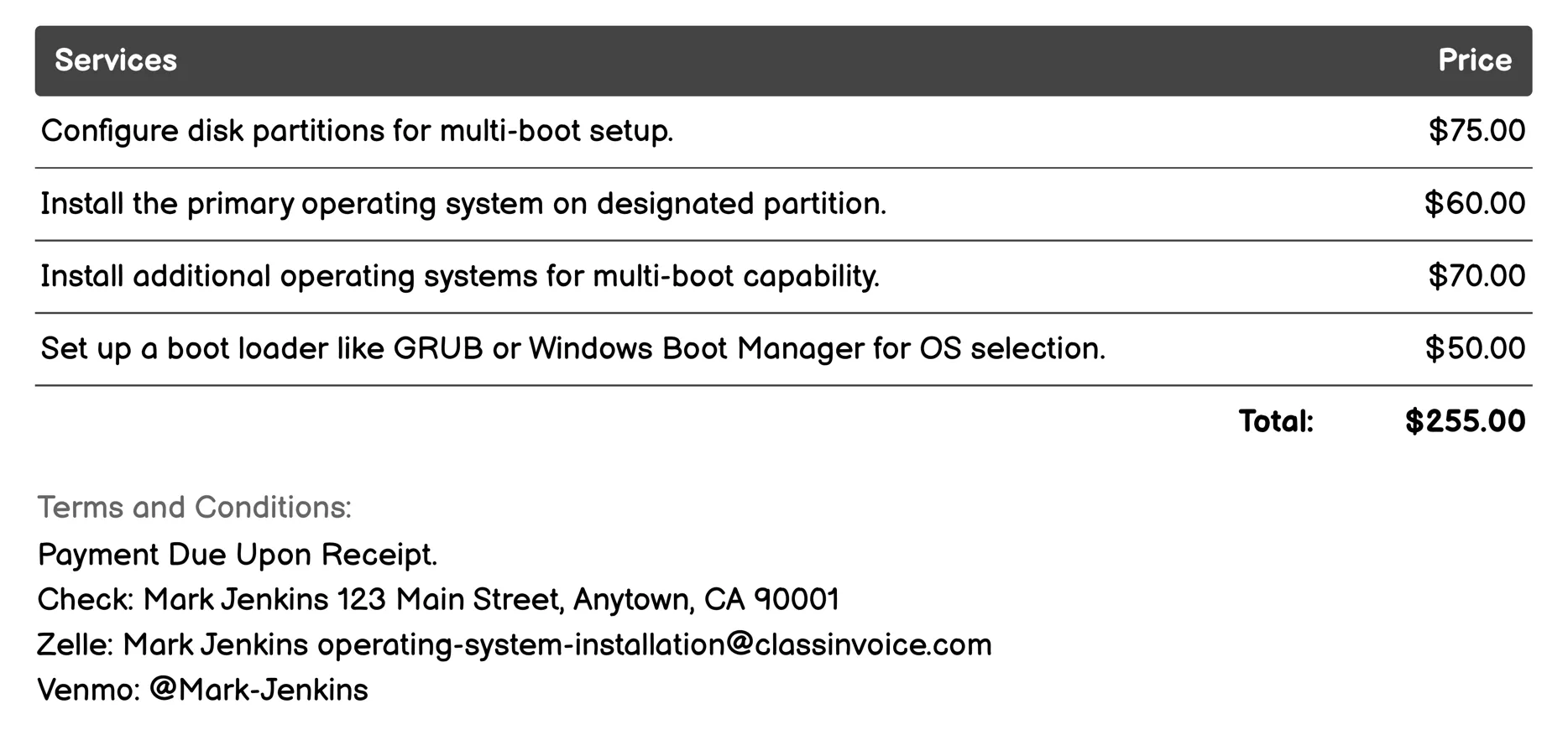 Multi-Boot Operating System Setup Invoice Example