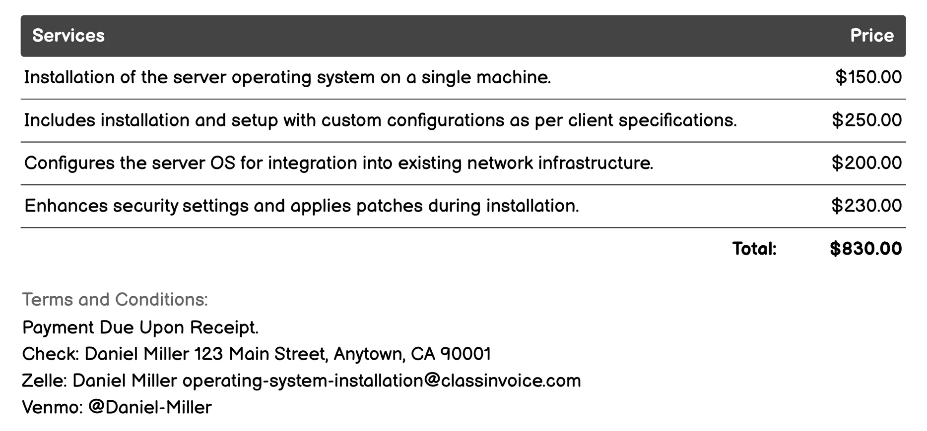 Server Operating System Installation Invoice Example