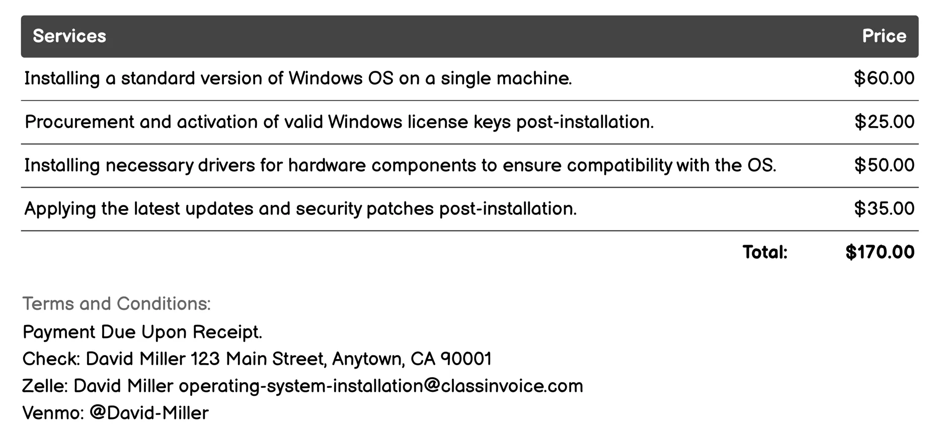 Windows Operating System Installation Invoice Example