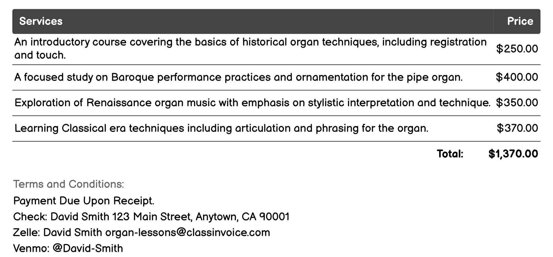 Historical Organ Techniques Lessons Invoice Example