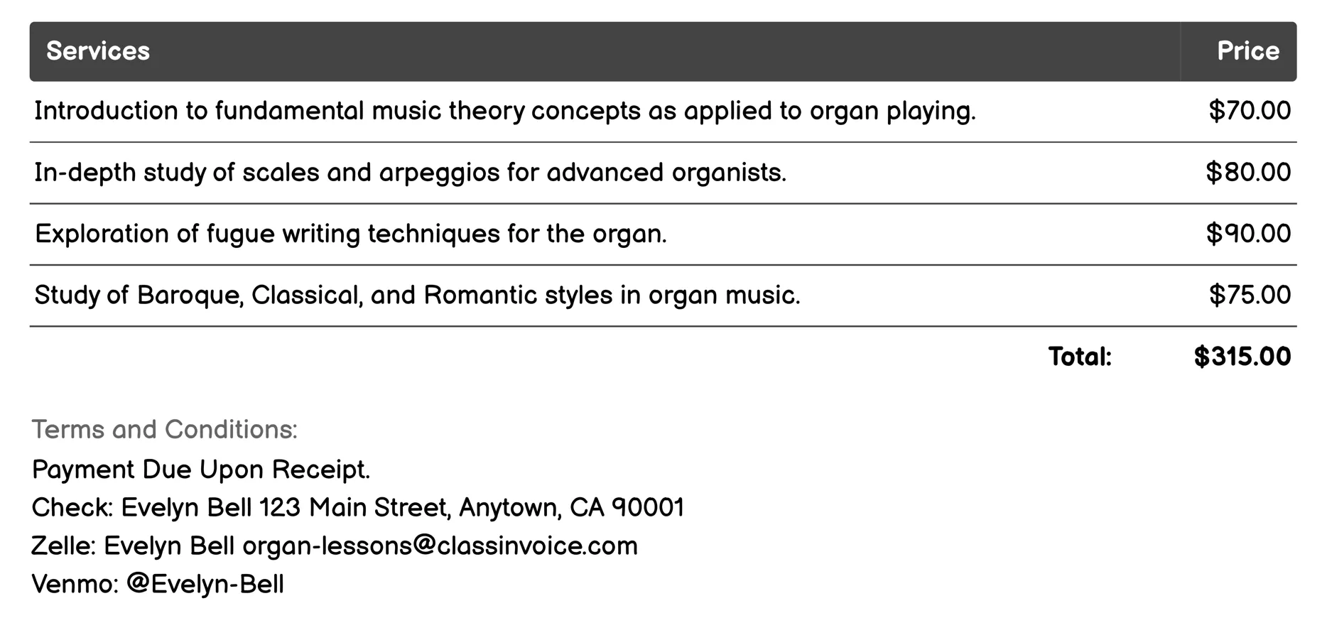 Organ Music Theory Classes Invoice Example
