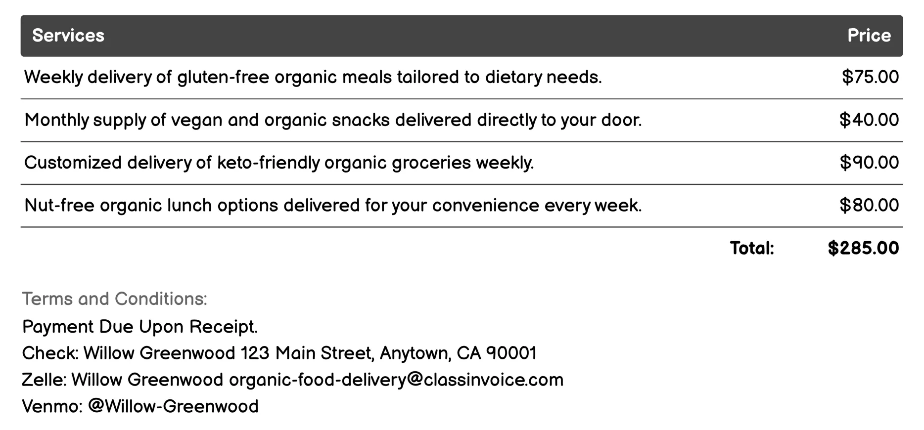 Dietary-Specific Organic Delivery Invoice Example