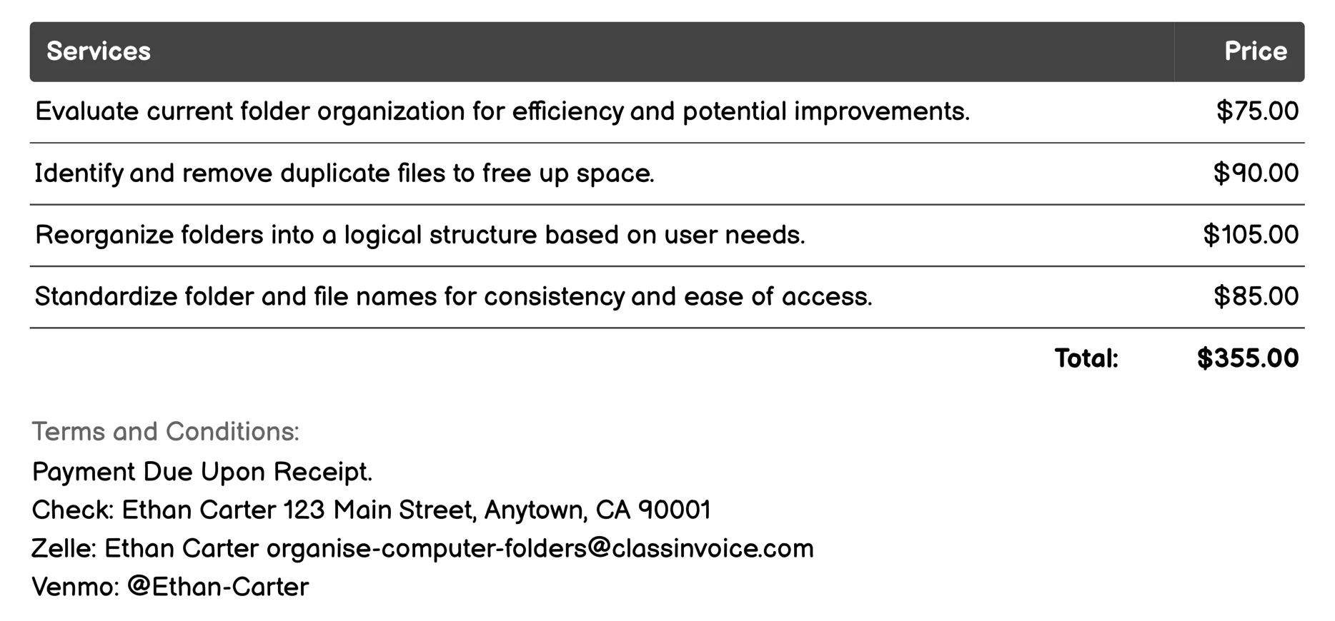 Storage Space Analysis Invoice Example