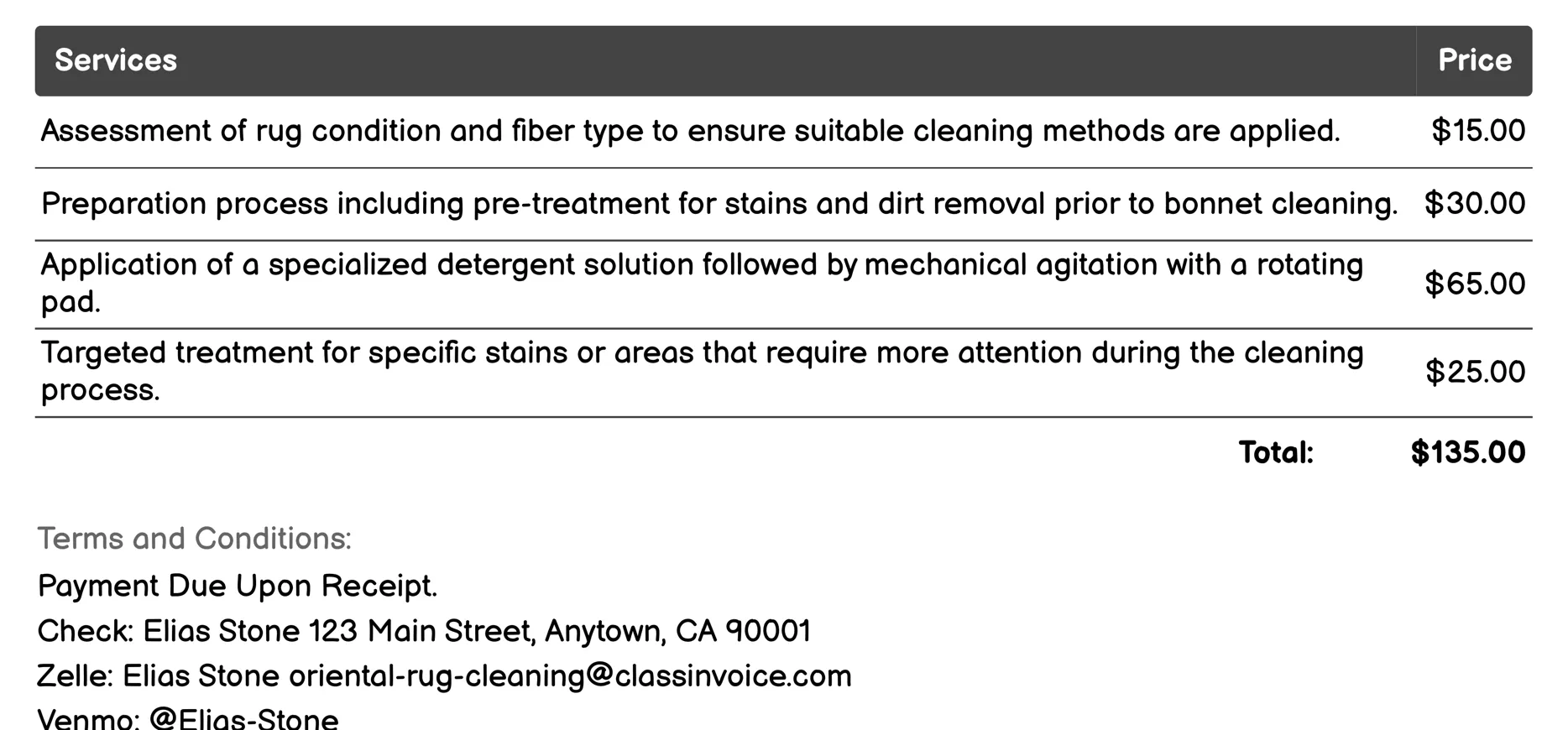 Bonnet Cleaning Invoice Example