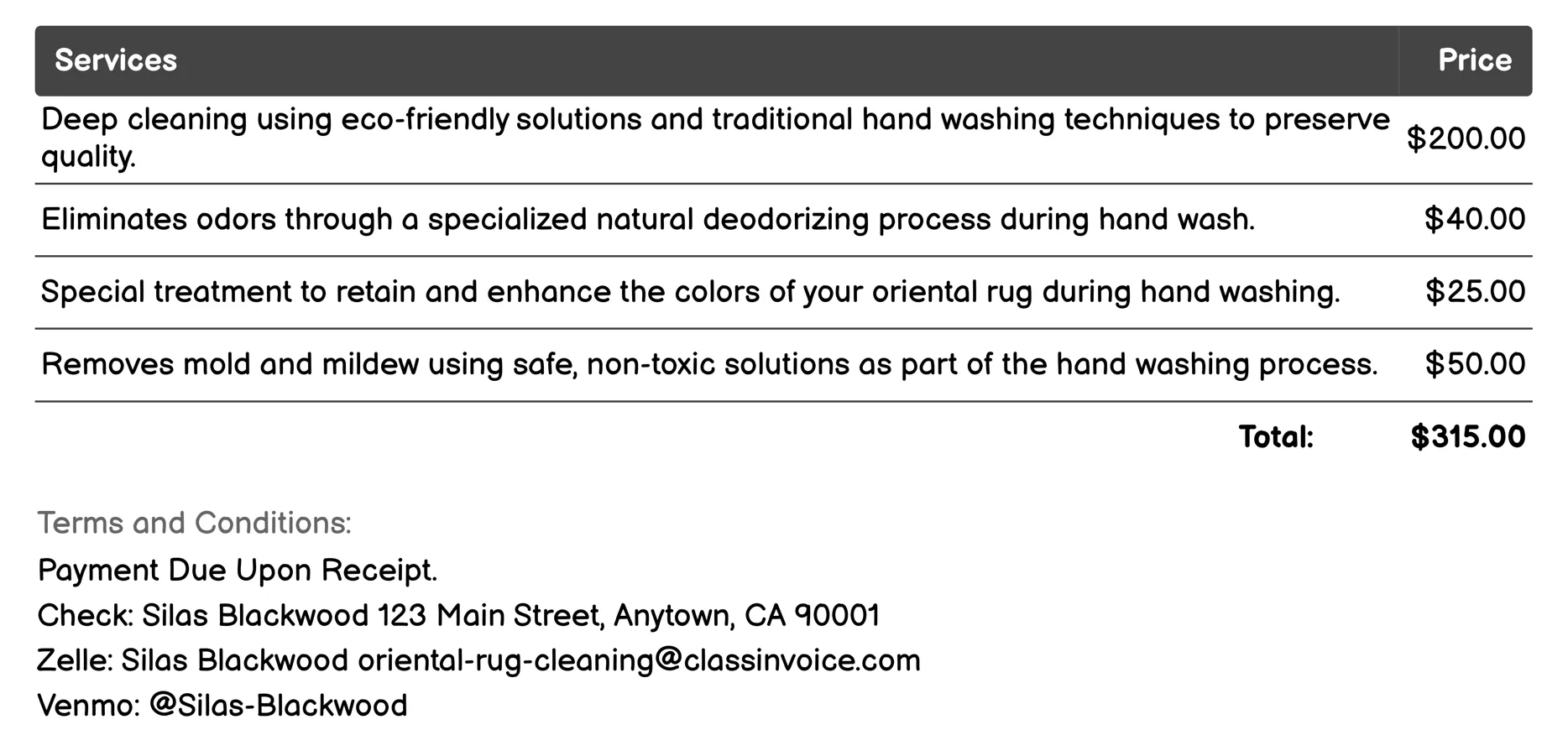 Hand Washing Invoice Example