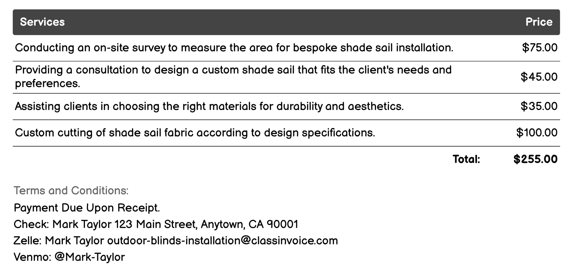 Bespoke Shade Sail Installation Invoice Example