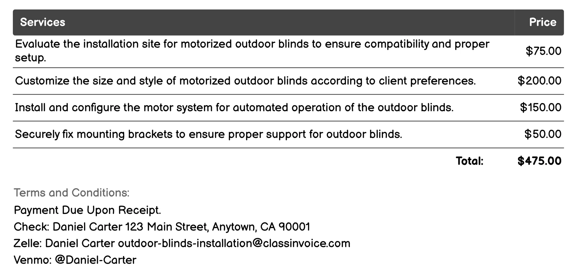 Motorized Outdoor Blinds Installation Invoice Example