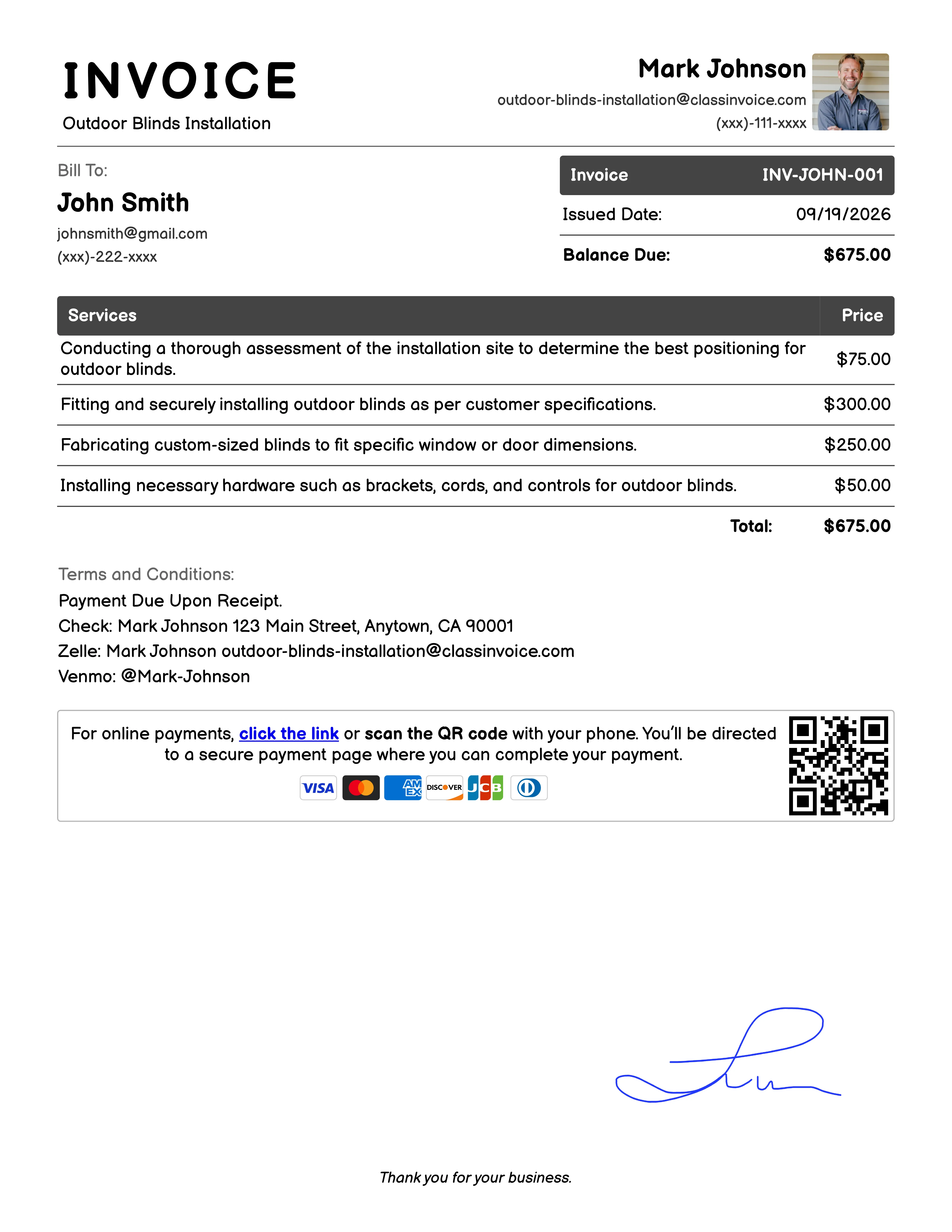 Outdoor Blinds Installation Invoice Example
