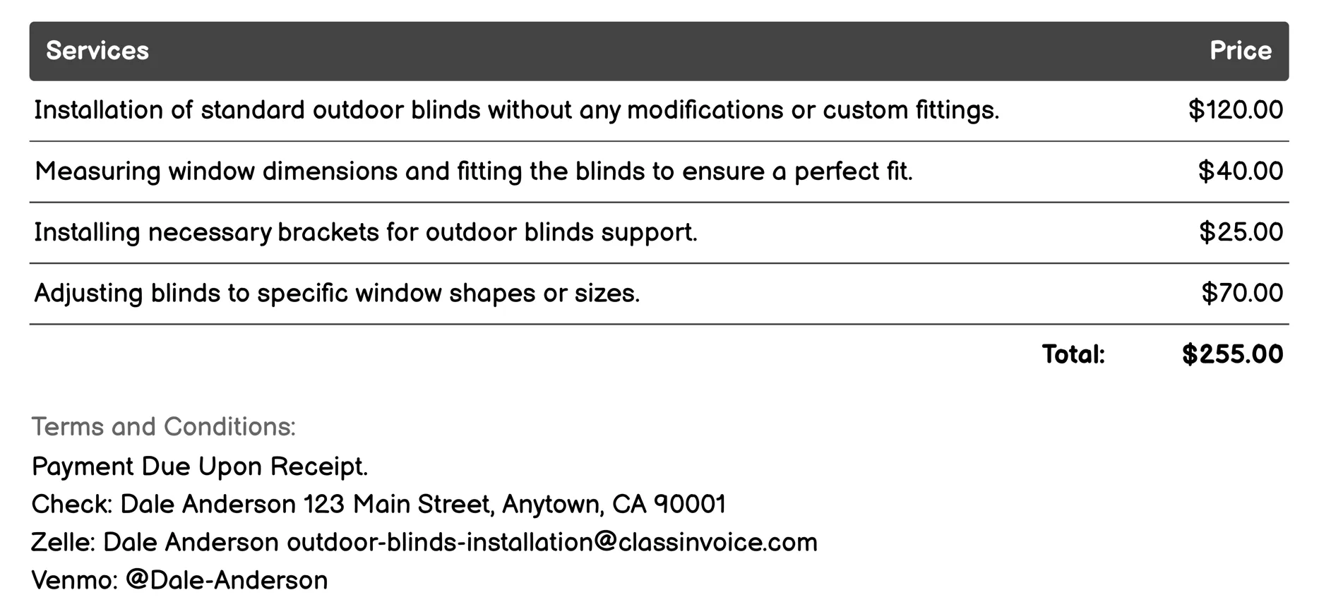Standard Outdoor Blinds Installation Invoice Example