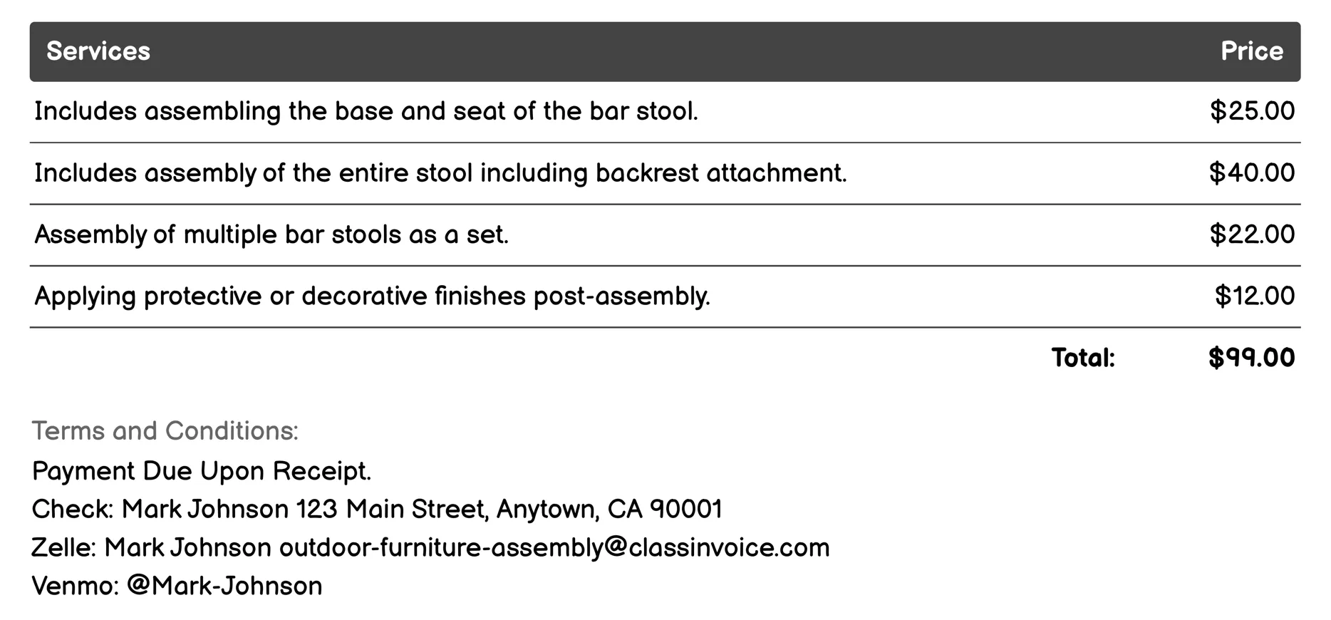 Outdoor Bar Stool Assembly Invoice Example