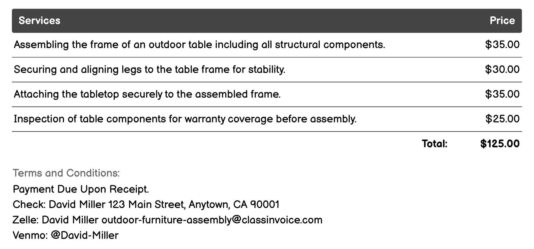 Outdoor Table Setup Invoice Example